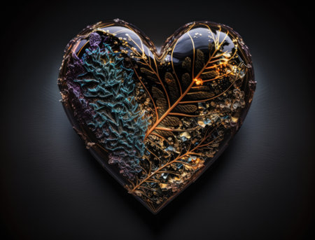 Realistic translucent heart shaped crystal zircon, natural gemstone Generative AI technology Dark backgroundの素材