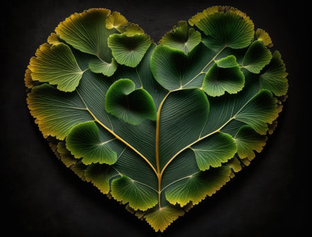 Green heart made by Ginkgo biloba leaves Environmental protection concept created with Generative AI technologyの素材