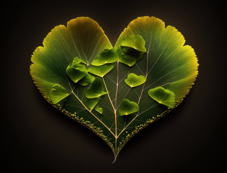 Green heart made by Ginkgo biloba leaves Environmental protection concept created with Generative AI technologyの素材
