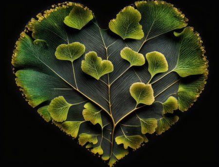 Green heart made by Ginkgo biloba leaves Environmental protection concept created with Generative AI technologyの素材