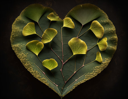 Green heart made by Ginkgo biloba leaves Environmental protection concept created with Generative AI technologyの素材