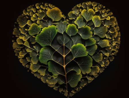 Green heart made by Ginkgo biloba leaves Environmental protection concept created with Generative AI technologyの素材