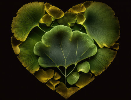Green heart made by Ginkgo biloba leaves Environmental protection concept created with Generative AI technologyの素材