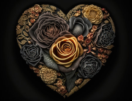 Heart of roses on a dark background created with Generative AI technologyの素材