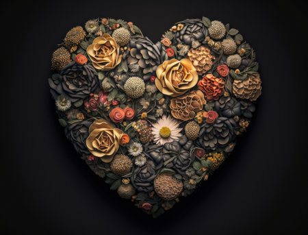 Heart of roses on a dark background created with Generative AI technologyの素材