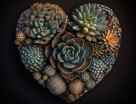 Green heart made by various succulents Environmental protection concept created with Generative AI technologyの素材