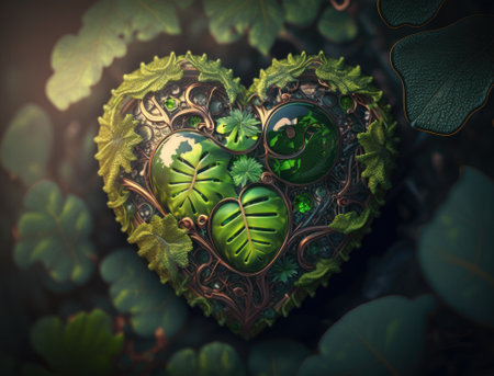 Green heart made by foliage that represents environmental protection created with Generative AI technologyの素材