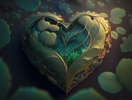 Green heart made by foliage that represents environmental protection created with Generative AI technologyの素材