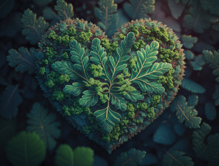 Green heart made by foliage that represents environmental protection created with Generative AI technologyの素材