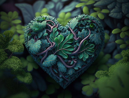 Green heart made by foliage that represents environmental protection created with Generative AI technologyの素材