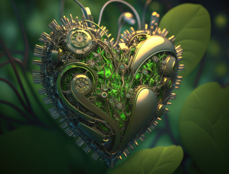 Green and gold metallic heart that represents environmental protection created with Generative AI technologyの素材