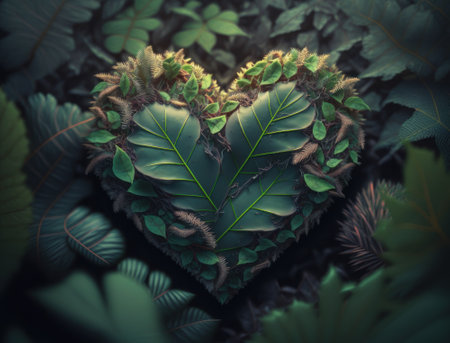 Green heart made by foliage that represents environmental protection created with Generative AI technologyの素材