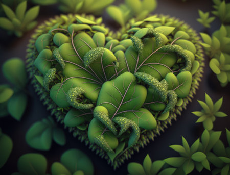 Green heart made by foliage that represents environmental protection created with Generative AI technologyの素材