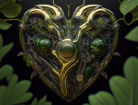 Green and gold metallic heart that represents environmental protection created with Generative AI technologyの素材