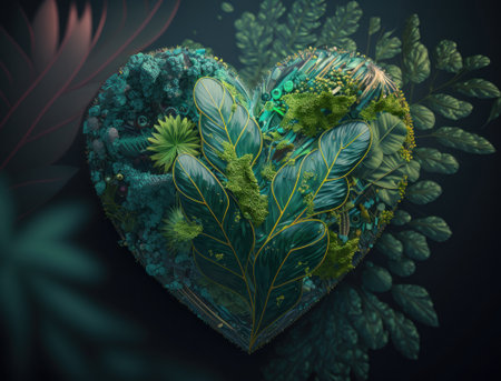 Green heart made by foliage that represents environmental protection created with Generative AI technologyの素材