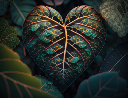 Green heart made by foliage that represents environmental protection created with Generative AI technologyの素材
