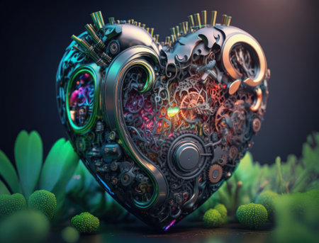 Green and gold metallic heart that represents environmental protection created with Generative AI technologyの素材
