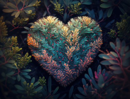 Green heart made by foliage that represents environmental protection created with Generative AI technologyの素材