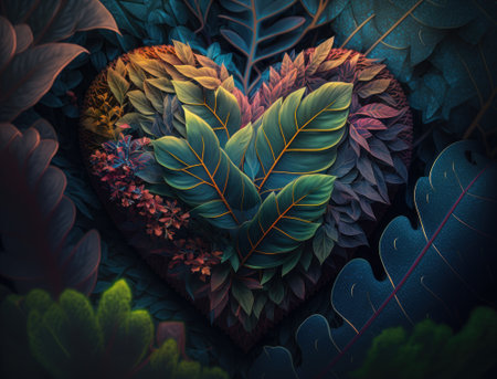 Green heart made by foliage that represents environmental protection created with Generative AI technologyの素材