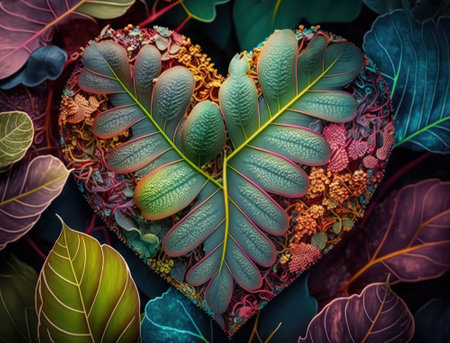 Green heart made by foliage that represents environmental protection created with Generative AI technologyの素材