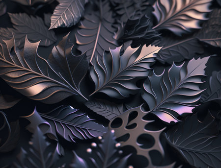 Abstract dark black metallic leaves background created with Generative AI technologyの素材