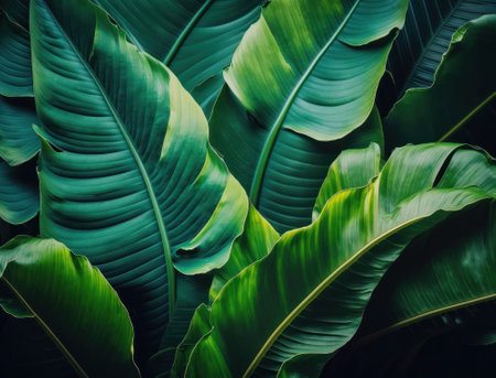 Abstract green Tropical Banana and Monstera Leaves background created with Generative AI technologyの素材