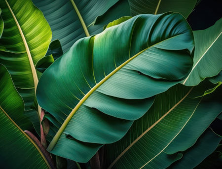 Abstract green Tropical Banana and Monstera Leaves background created with Generative AI technologyの素材