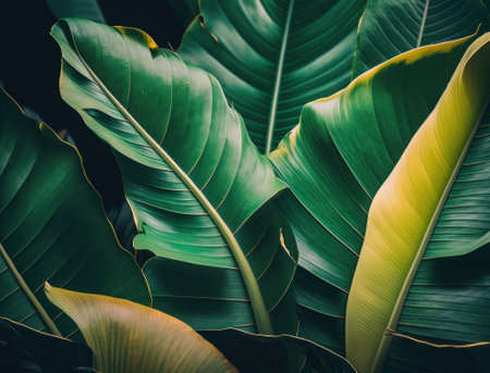 Abstract green Tropical Banana and Monstera Leaves background created with Generative AI technologyの素材
