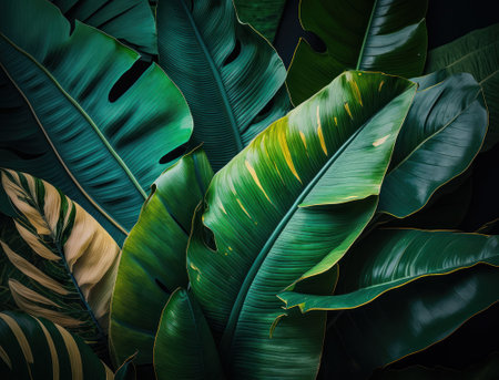 Abstract green Tropical Banana and Monstera Leaves background created with Generative AI technologyの素材