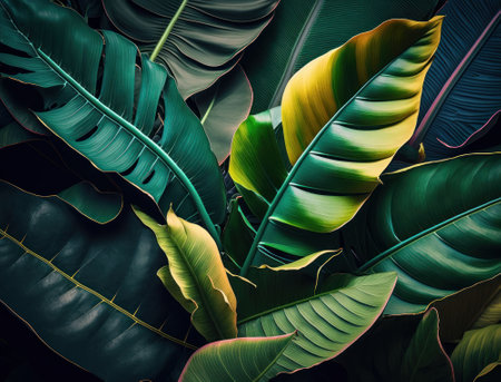 Abstract green Tropical Banana and Monstera Leaves background created with Generative AI technologyの素材