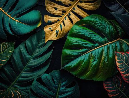 Abstract green Tropical Banana and Monstera Leaves background created with Generative AI technologyの素材