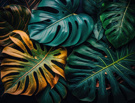 Abstract green Tropical Banana and Monstera Leaves background created with Generative AI technologyの素材