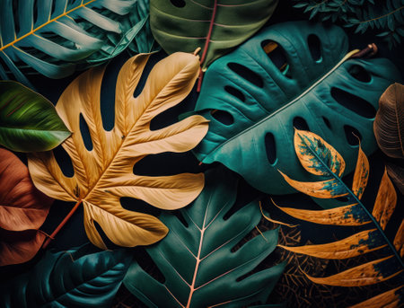 Abstract green Tropical Banana and Monstera Leaves background created with Generative AI technologyの素材