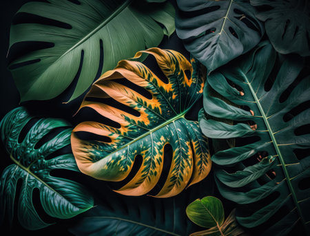 Abstract green Tropical Banana and Monstera Leaves background created with Generative AI technologyの素材