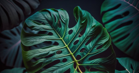 Abstract green Tropical Banana and Monstera Leaves background created with Generative AI technologyの素材