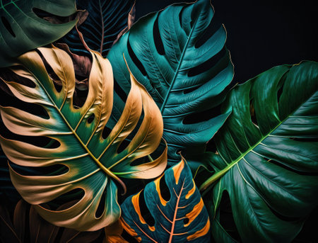 Abstract green Tropical Banana and Monstera Leaves background created with Generative AI technologyの素材