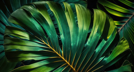 Abstract green Tropical Banana and Monstera Leaves background created with Generative AI technologyの素材