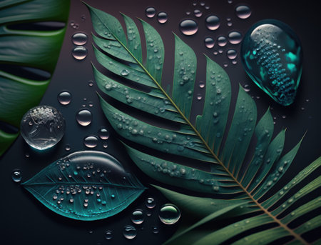Abstract green Tropical Banana and Monstera Leaves background created with Generative AI technologyの素材
