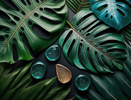 Abstract green Tropical Banana and Monstera Leaves background created with Generative AI technologyの素材