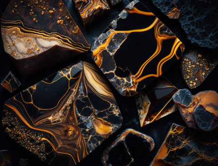 Marble stone texture background material with elements of semi-precious stones and gold created with Generative AI technologyの素材