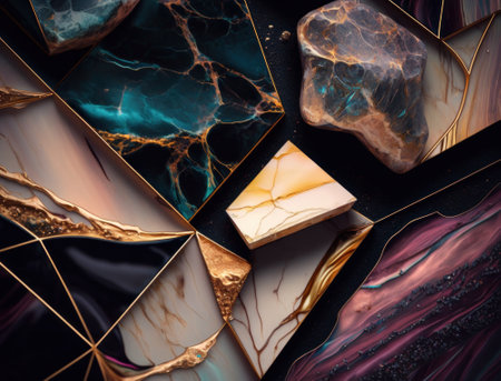 Marble stone texture background material with elements of semi-precious stones and gold created with Generative AI technologyの素材