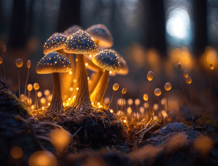 Fantasy mushroom landscape in the forest created with Generative AI technologyの素材
