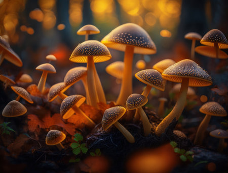 Fantasy mushroom landscape in the forest created with Generative AI technologyの素材