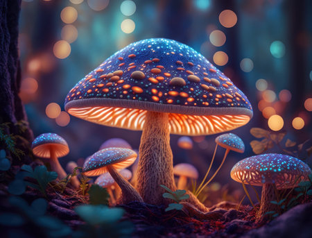 Fantasy mushroom landscape in the forest created with Generative AI technologyの素材