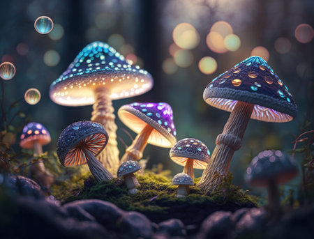 Fantasy mushroom landscape in the forest created with Generative AI technologyの素材