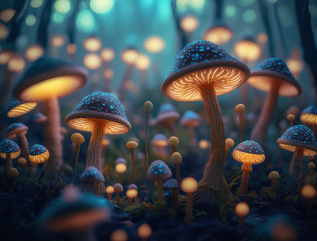 Fantasy mushroom landscape in the forest created with Generative AI technologyの素材