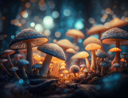 Fantasy mushroom landscape in the forest created with Generative AI technologyの素材