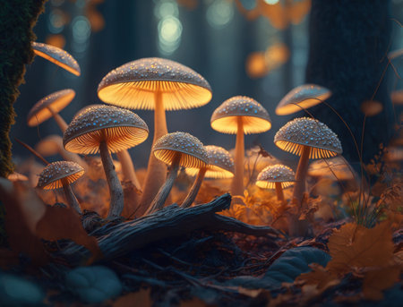 Fantasy mushroom landscape in the forest created with Generative AI technologyの素材