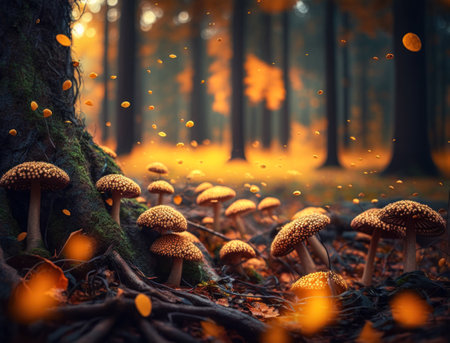 Fantasy mushroom landscape in the forest created with Generative AI technologyの素材
