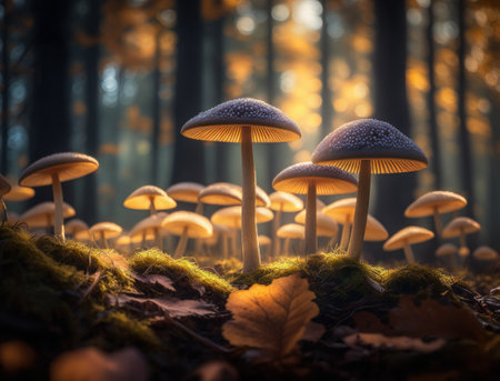 Fantasy mushroom landscape in the forest created with Generative AI technologyの素材